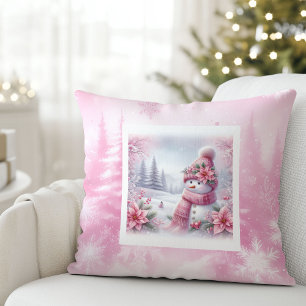 Unique Pink Snowman Christmas Scene Kids Holiday Throw Pillow