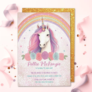 Unique Pink Unicorn, Roses, Rainbow Birthday Party Invitation