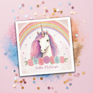 Unique Pink Unicorn, Roses, Rainbow Birthday Party Napkins