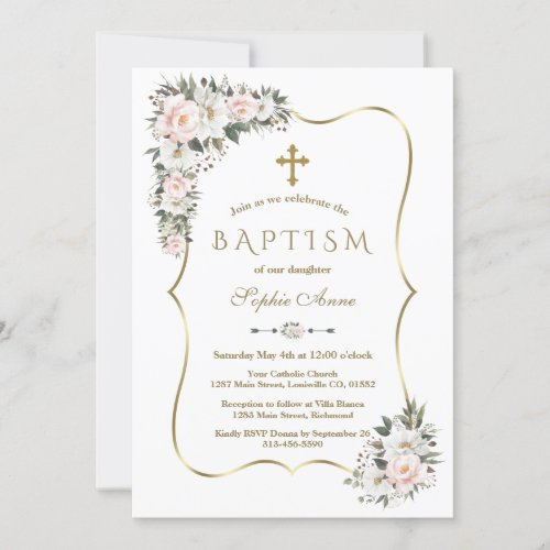 Unique Pink White Flowers Gold Girl Baptism  Invitation