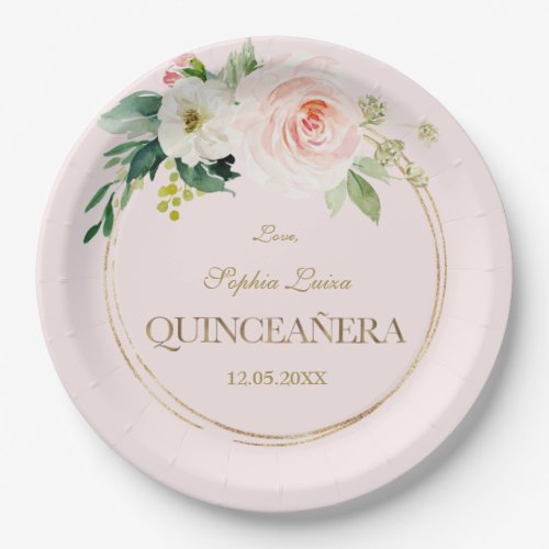 Unique Pink White Flowers Gold Quinceaera Paper Plates