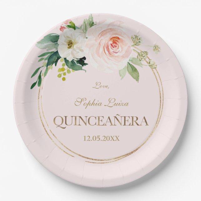 Unique Pink White Flowers Gold Quinceañera Paper Plates (Front)