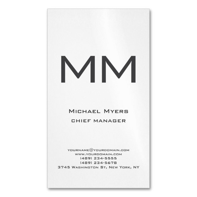 Unique plain simple black & white monogram business card magnet (Front Vertical)