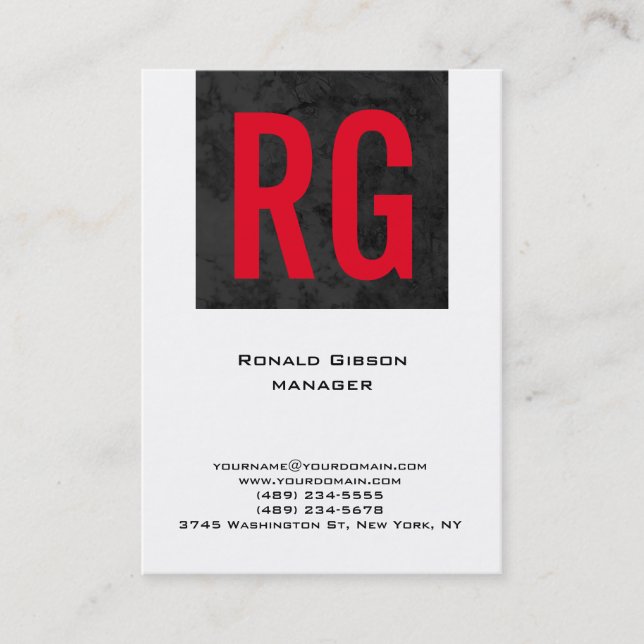 Unique plain simple black white red monogram business card (Front)