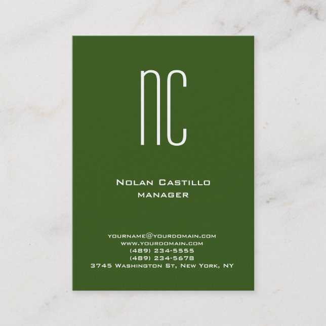 Unique plain simple green white monogram business card (Front)