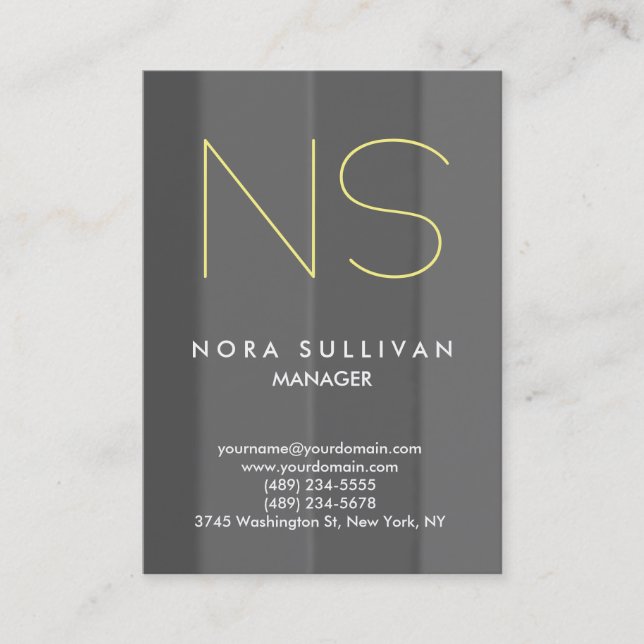 Unique plain simple grey yellow monogram business card (Front)