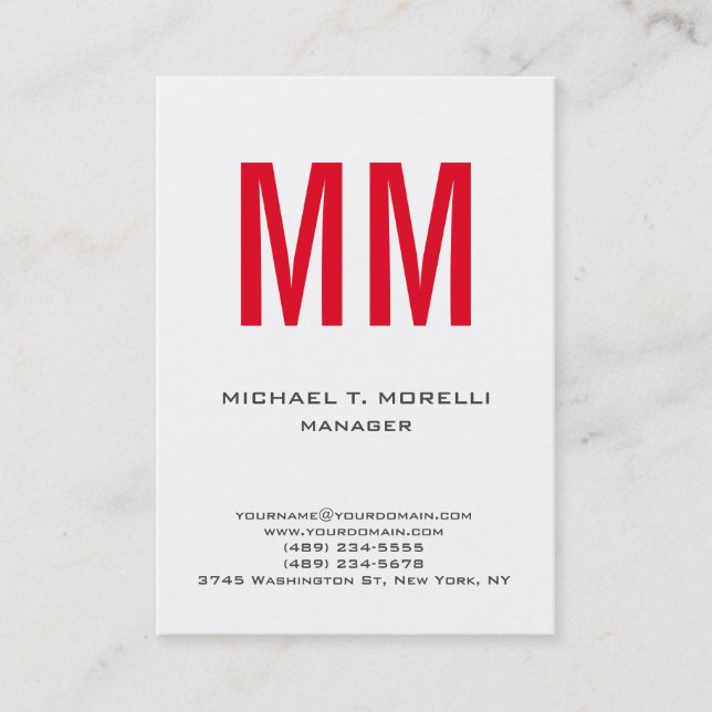 Unique plain simple white red monogram business card (Front)