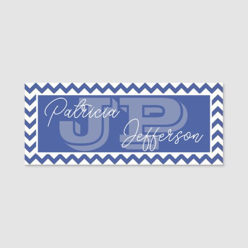 Unique Professional Cerulean Blue Chevron Monogram Name Tag