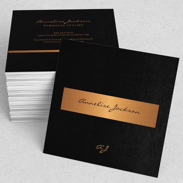 Unique professional elegant black gold monogrammed square business card (Creator Uploaded)