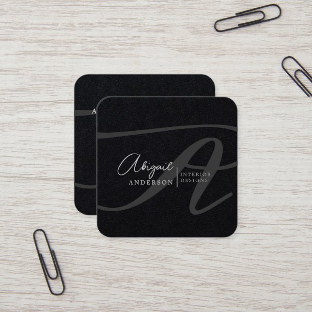 Unique Professional Premium Black Monogram Script Square Business Card (Front/Back In Situ)