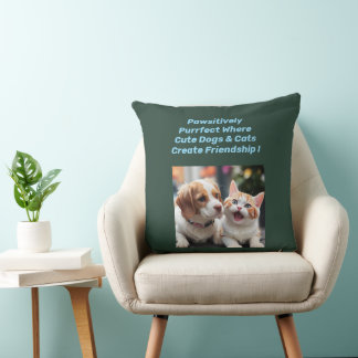 Unique Puppy & Cat Friendship Throw Pillow Design.