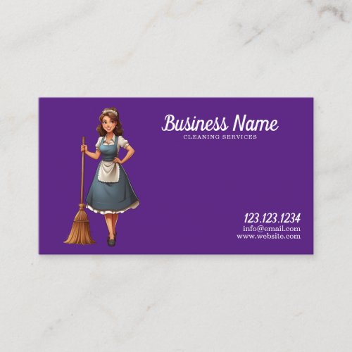 Unique Purple and White Cute Maid Cleaning Service Business Card