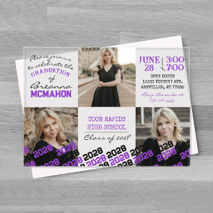 Unique Purple & Black Graduation 3 Photo Frosted Acrylic Invitations