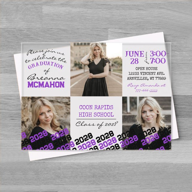 Unique Purple & Black Graduation 3 Photo Frosted  Acrylic Invitations (Unique Purple and Black Graduation Acrylic Party Invitations)