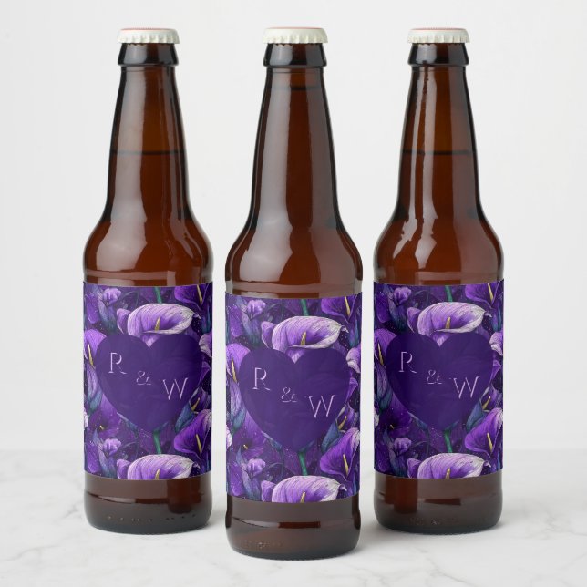 Unique Purple Calla Lilies Charm Modern Wedding Beer Bottle Label (Bottles)