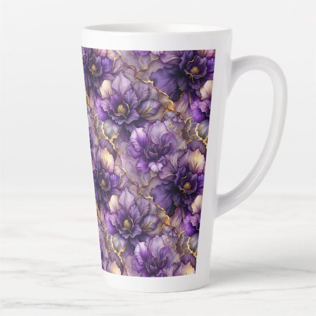 Unique Purple Floral Alcohol Ink Ceramic Latte Mug (Right)
