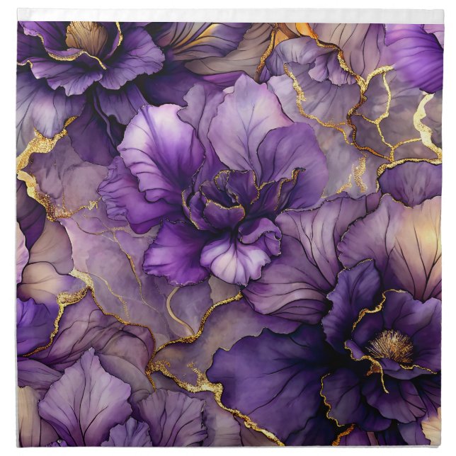 Unique Purple Floral Alcohol Ink Dinner Napkins (Front)