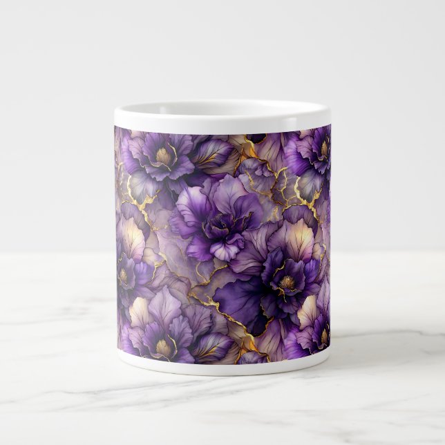Unique Purple Floral Alcohol Ink Jumbo Ceramic Mug (Front)