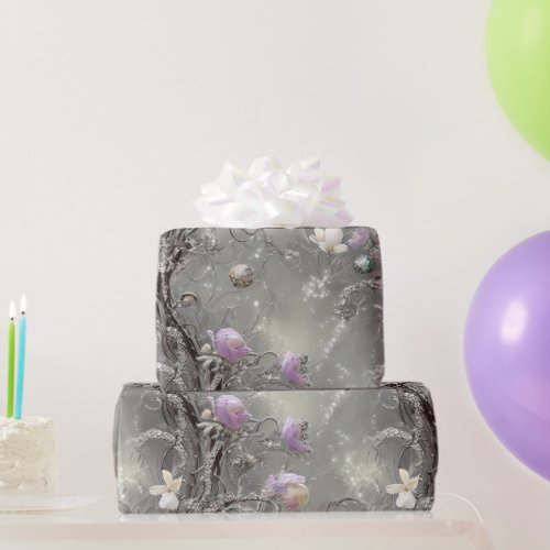 Unique Purple Gray  White Floral Sparkle Beaded Wrapping Paper