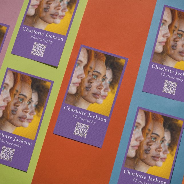 Unique Purple Headshot Photo QR Code Social Media Business Card (Creator Uploaded)