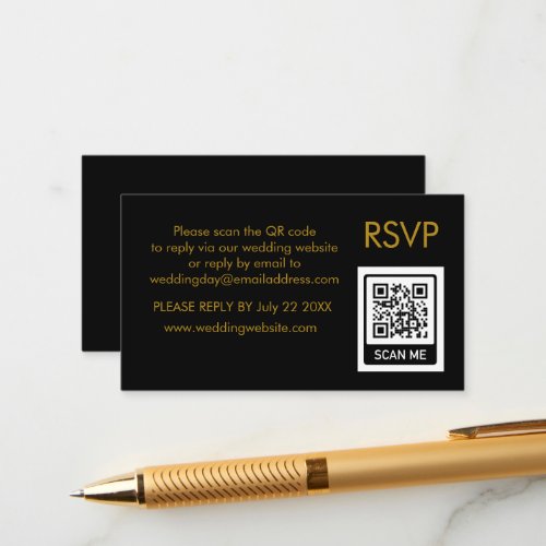 Unique QR Code black Gold letters Wedding RSVP  Enclosure Card