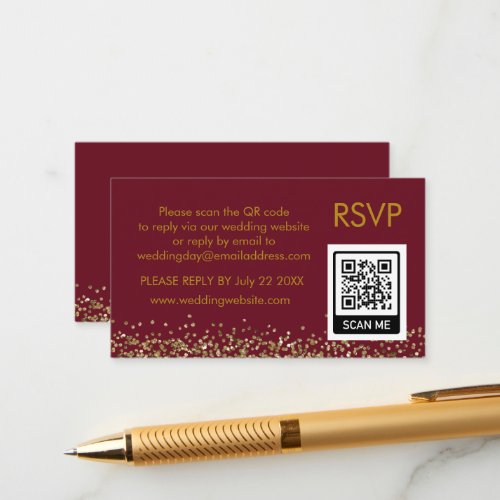 Unique QR Code Red Gold  glitter Wedding RSVP Enclosure Card