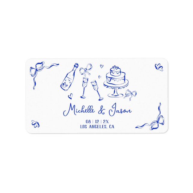 Unique Quirky Hand Drawn Blue French Bow Photo Label (Front)