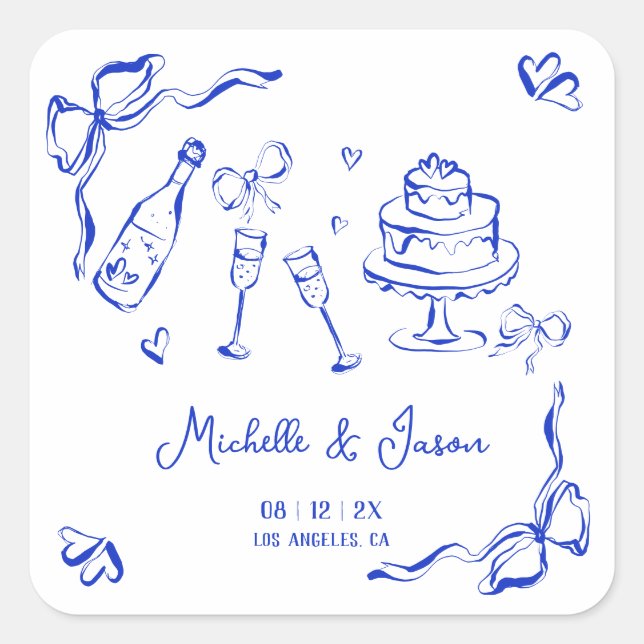 Unique Quirky Hand Drawn Blue French Bow Photo Square Sticker (Front)