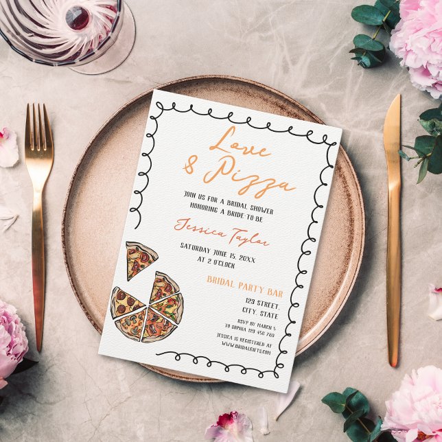 Unique Quirky Whimsical Bridal Brunch Love & Pizza Invitation (hand drawn cartoon pizza bridal shower invitation with bow border)