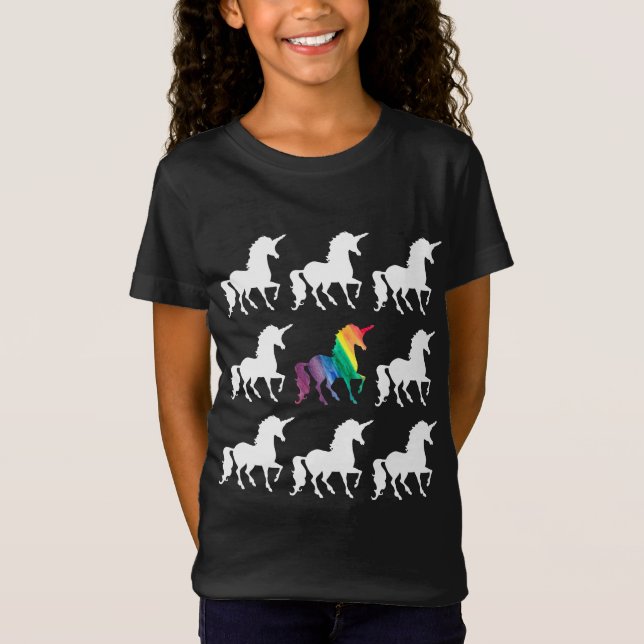 Unique Rainbow Black & White Unicorn Pattern Girls T-Shirt (Front)