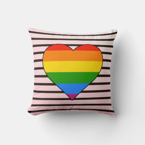 Unique Rainbow Heart with Designer Stripes Throw Pillow