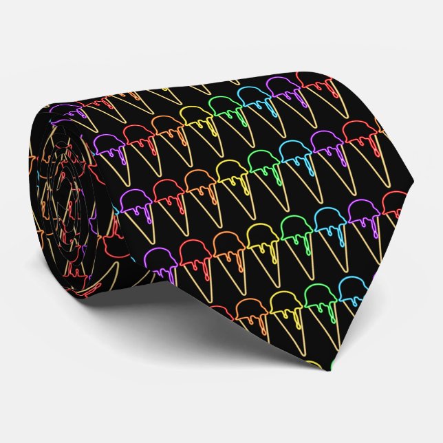 Unique Rainbow Neon Light Ice Cream Cones Pattern Neck Tie (Rolled)