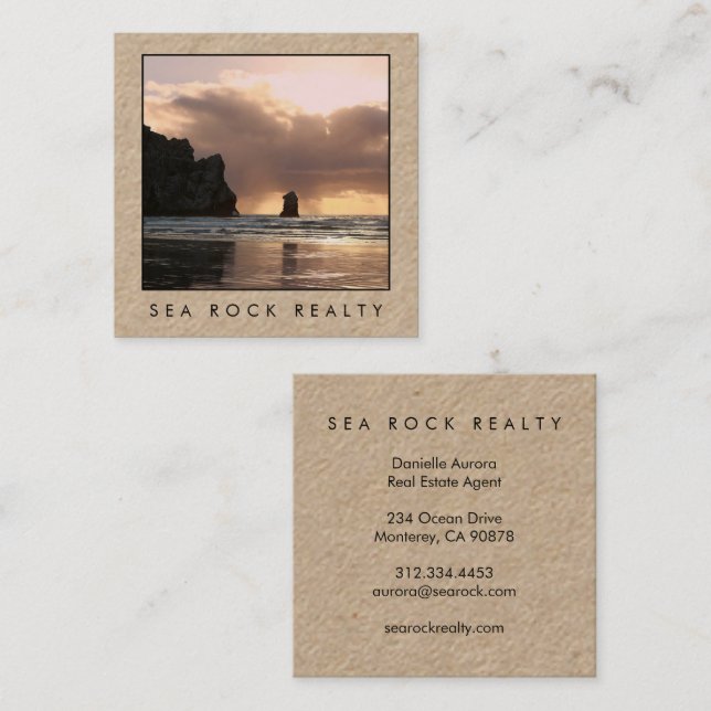 Unique Real Estate Agent Rocks Beach Photo KRAFT Square Business Card (Front/Back)