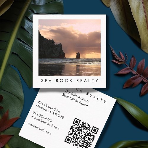 Unique Real Estate Agent Rocks Beach Photo QR Code Square Business Card