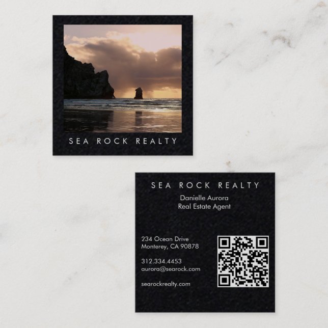 Unique Real Estate Agent Rocks Beach Photo QR Code Square Business Card (Front/Back)