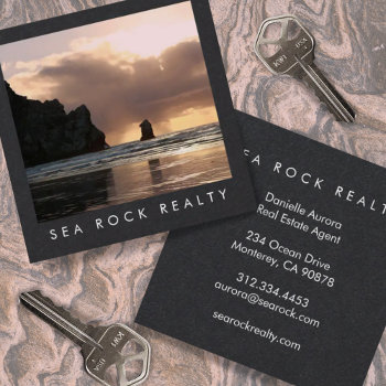 Unique Real Estate Agent Rocks Ocean Beach Photo  Square Business Card by ShoshannahSnaps at Zazzle