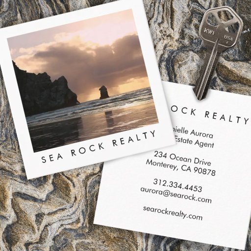 Customizable Unique Real Estate Agent Rocks Ocean Beach Photo  Square Business Card