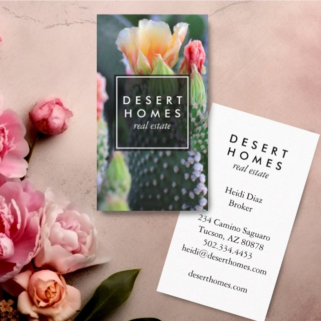 Unique Real Estate Cactus Flower Desert Photo  Business Card (Cactus photography custom business cards)