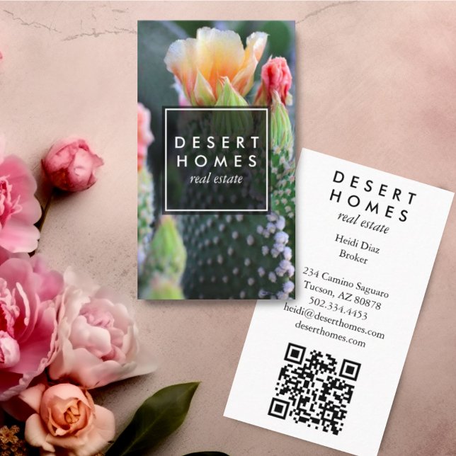 Unique Real Estate Cactus Flower Desert Photo QR  Business Card (Custom photography business cards with QR code. Desert cactus flowers)
