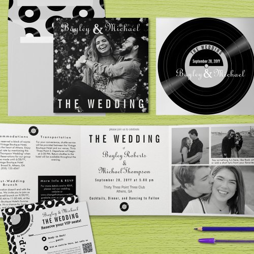 Unique Record Album Cover BW Photo Wedding  Tri_Fold Invitation