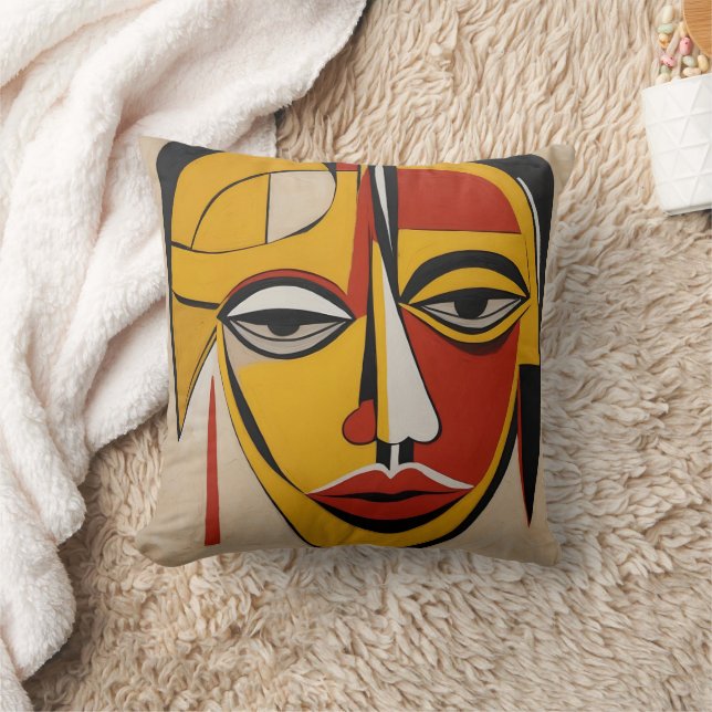 Unique Red and Yellow Abstract Face Throw Pillow (Blanket)