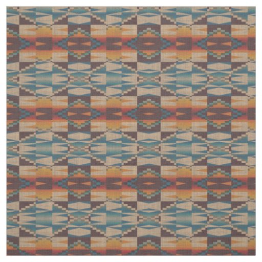 Unique Red Brown Teal Blue Orange Mosaic Art Fabric