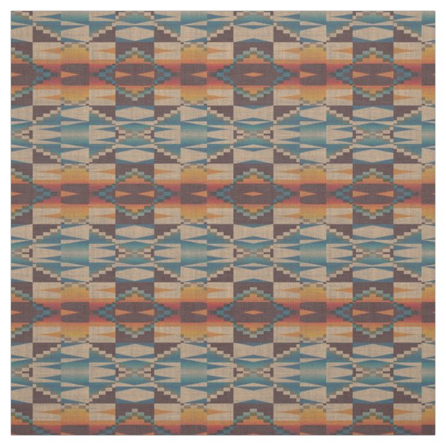 Unique Red Brown Teal Blue Orange Mosaic Art Fabric (Swatch)