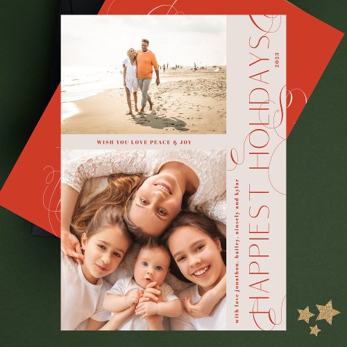 UNIQUE RED CHRISTMAS SWRILS  2 photo FRAME HAPPY Holiday Card