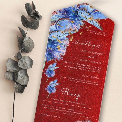 Unique Red Glitter Blue Butterflies Wedding All In One Invitation