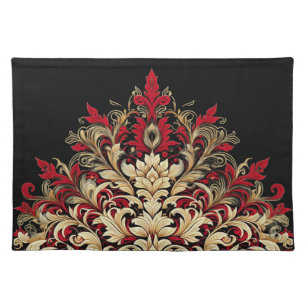 Unique Red Gold and Black Damask style Cloth Placemat