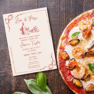 Unique Red Hand Drawn Bridal Brunch Love & Pizza Invitation