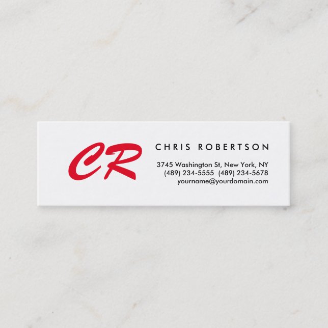 Unique Red Monogram White Slim Size Business Card (Front)