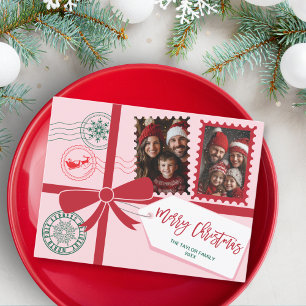 Unique Red Pink Gift Bow Photo Merry Christmas Holiday Postcard