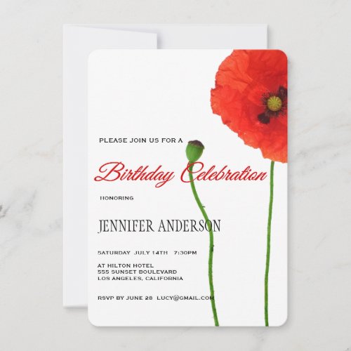 Unique Red Poppy Floral Simplicity Birthday Party Invitation